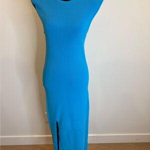 SUNCOO Sleek Ribbed Maxi Dress in Bright Blue
